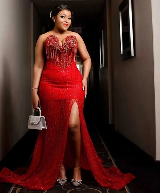 Customized African Red Beaded Prom Dress Luxury Lace Tassels Aso Ebi Formal Party Gown Black Women Evdning Dress