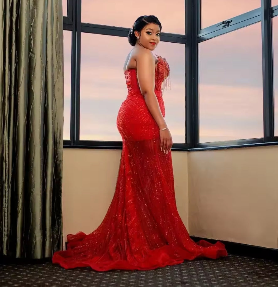 Customized African Red Beaded Prom Dress Luxury Lace Tassels Aso Ebi Formal Party Gown Black Women Evdning Dress