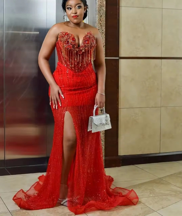 Customized African Red Beaded Prom Dress Luxury Lace Tassels Aso Ebi Formal Party Gown Black Women Evdning Dress