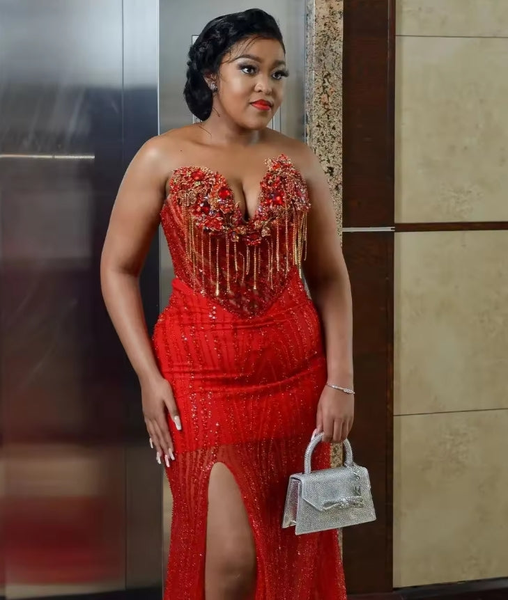 Customized African Red Beaded Prom Dress Luxury Lace Tassels Aso Ebi Formal Party Gown Black Women Evdning Dress