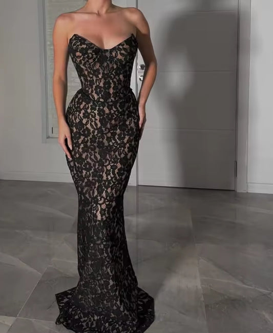 Modest Lace Evening Dresses Long Mermaid Robe De Soirée Femme Sexy Open Back Wed Party Dress 2025 Formal Gown Customized