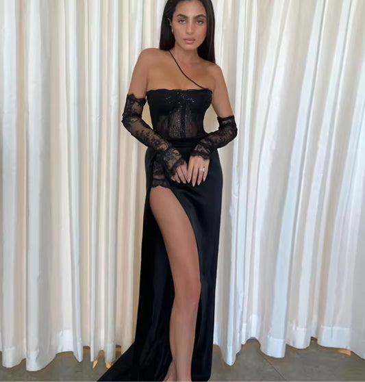 Black Prom Dresses Shiny Sequined Lace Appliques Formal Occasion Dresses High Slit Mermaid Vestidos De Gala Customized