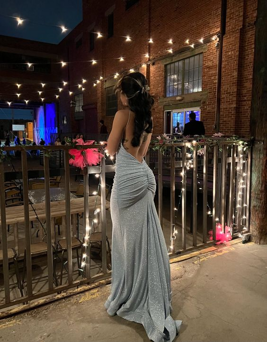 Sexy Mermaid Spaghetti Straps Gray Sequin Floor Length Prom Dresses Evening Dress