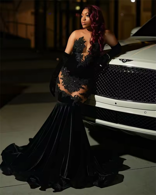 Sexy Black Lace Applique Mermaid Black Girl Prom Dress Velvet Beads Sheer Graduation Formal Party Evening Gowns