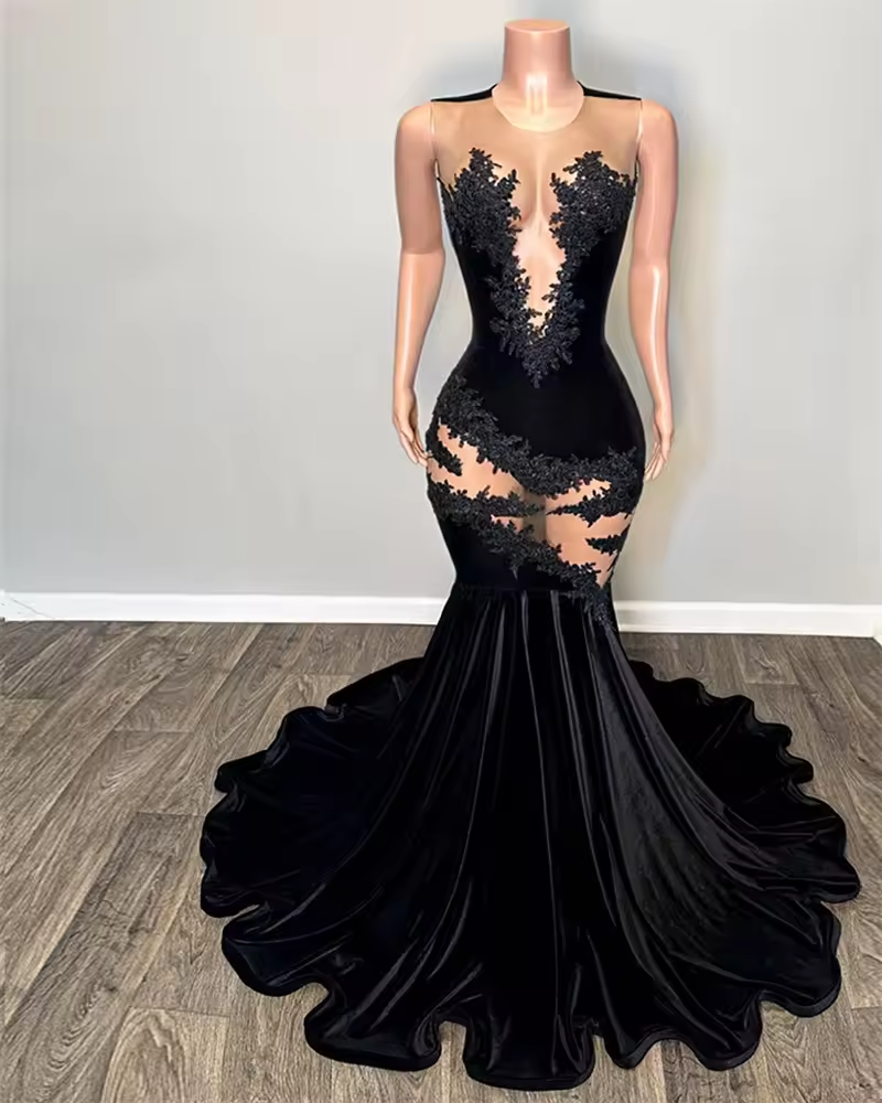 Sexy Black Lace Applique Mermaid Black Girl Prom Dress Velvet Beads Sheer Graduation Formal Party Evening Gowns