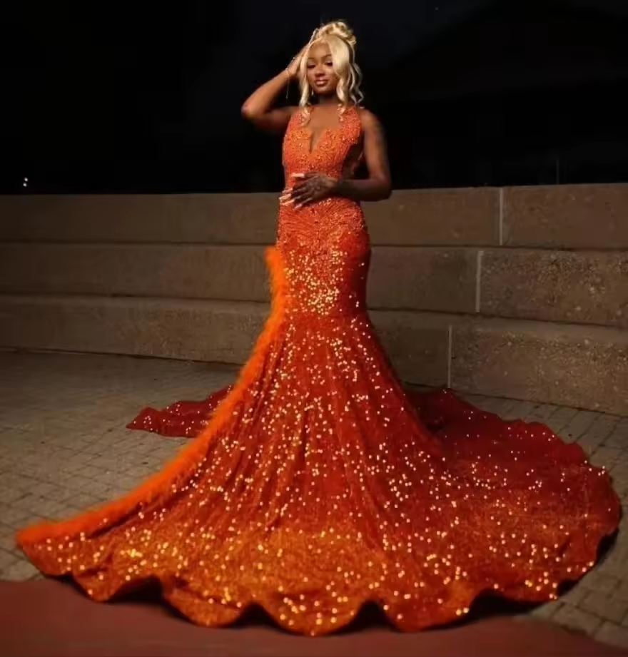 Orange African American Long Prom Dresses For Black Girls Mermaid Sequins Feather Crystals Slit Women Evening Gown Customized