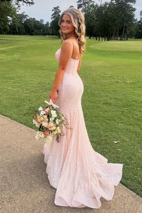 Plunge Neck Blush Pink Sequin Long Dress