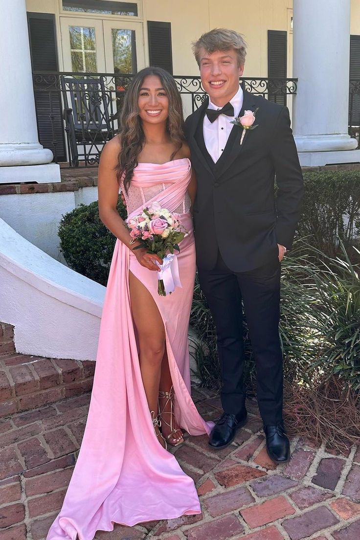 Strapless Pink High Slit Long Dress with Train