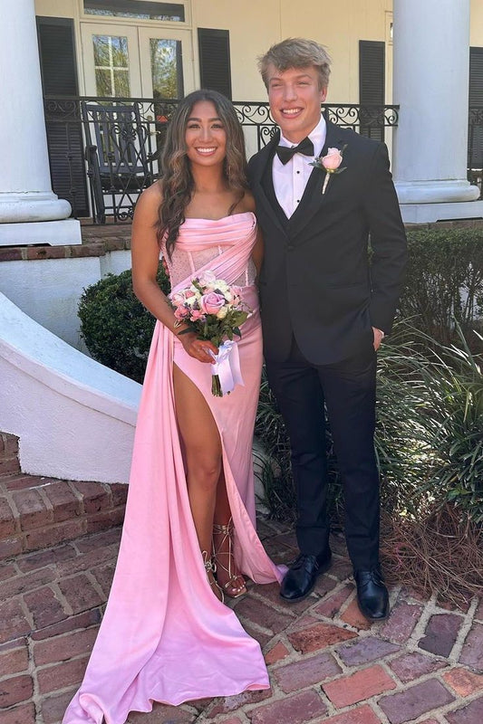 Strapless Pink High Slit Long Dress with Train