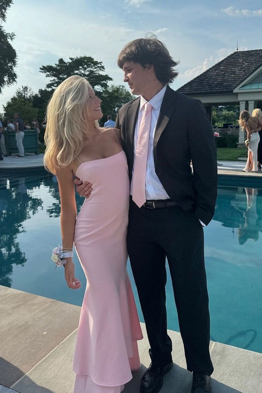Spaghetti Straps Light Pink Tiered Long Dress