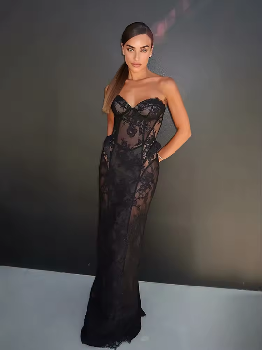 Giltter Strapless Long Black Mermaid Prom Dress Sweetheart Lace Evening Gowns Party Dresses Vestido De Noche Customized