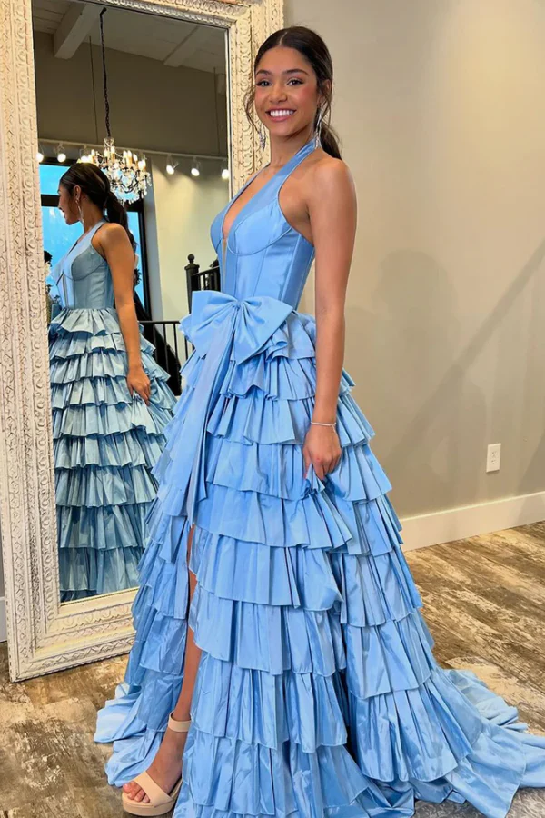 A-Line Low V Neck Halter Bow Knot Tiered Side Slit Prom Dress