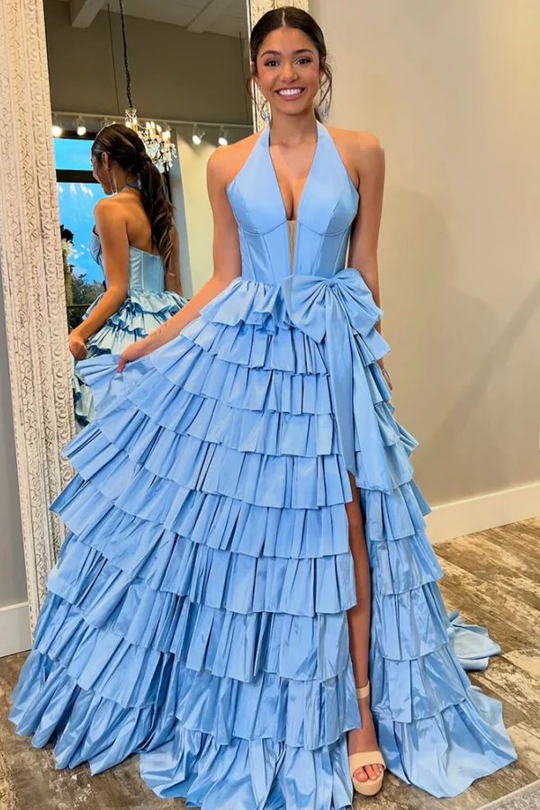 A-Line Low V Neck Halter Bow Knot Tiered Side Slit Prom Dress
