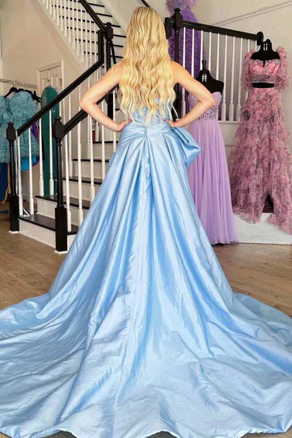 A-Line Strapless Sleeveless Sky Blue Court Train Prom Gown