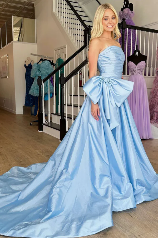 A-Line Strapless Sleeveless Sky Blue Court Train Prom Gown