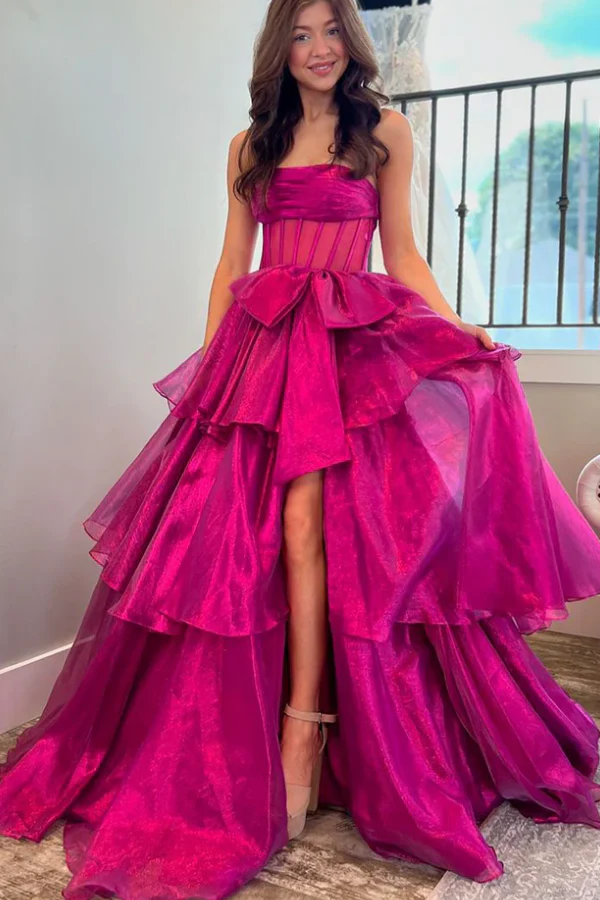 A-Line Strapless Sleeveless Tiered Bow Knot Side Slit Prom Dress