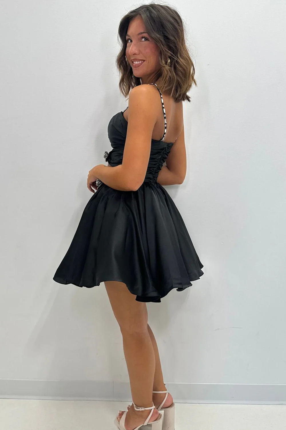 A-Line Sweetheart Black Satin Short Homecoming Dress with Bows