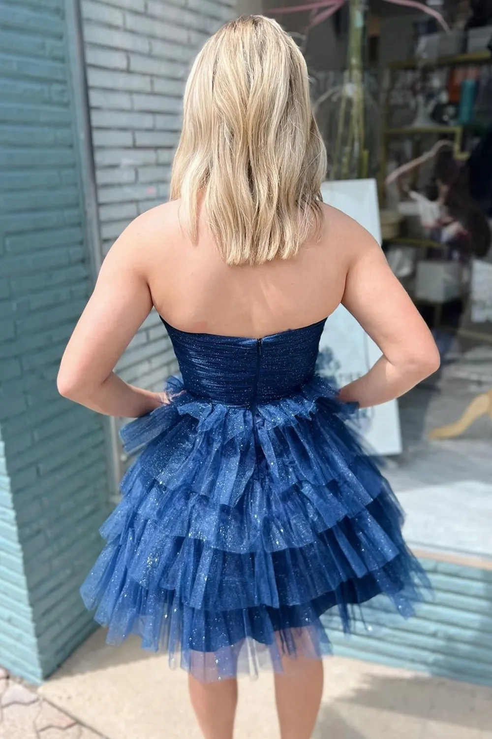 A-Line Sweetheart Navy Blue Ruffle Tiered Tulle Short Homecoming Dresses