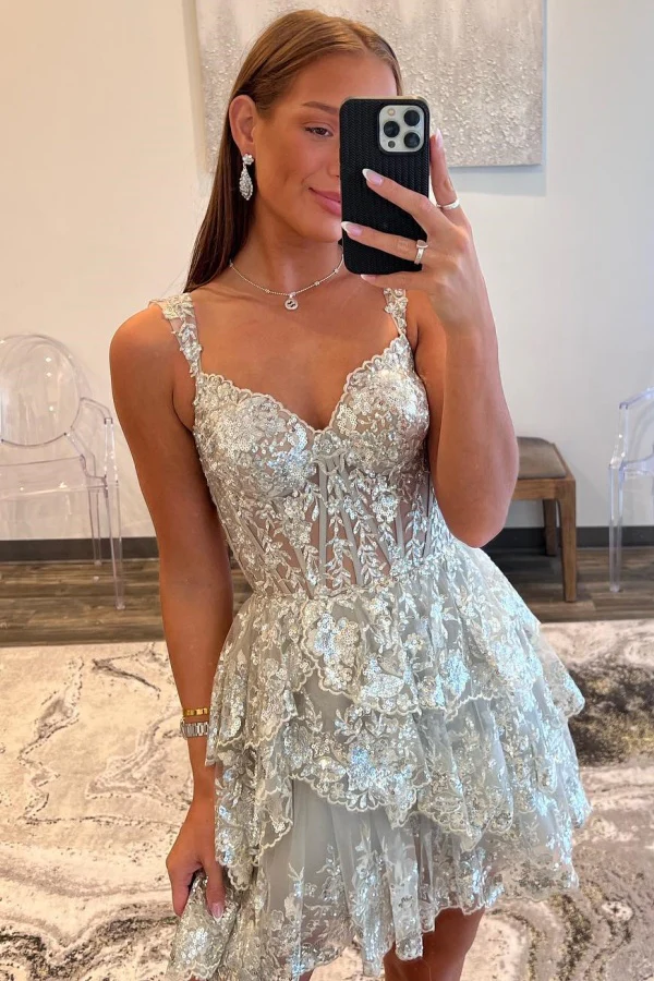 A-Line Sweetheart Neck Straps Sequins Lace Appliques Tiered Homecoming Dress
