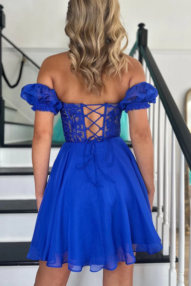 A Line Sweetheart Royal Blue Chiffon Short Homecoming Dress with Appliques