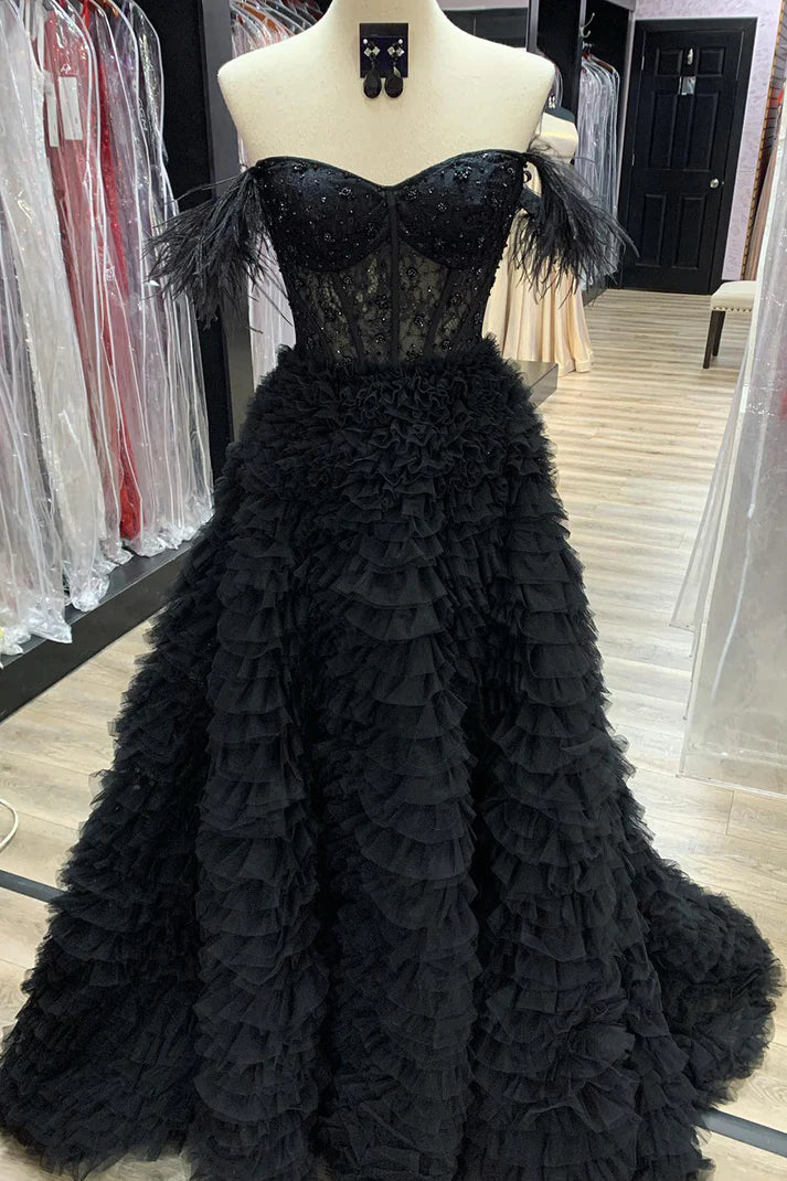 A Line Sweetheart Tiered Tulle Long Prom Dress With Slit