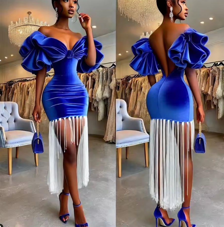 Aso Ebi Royal Blue Prom Dress Tassel Cap Sleeves Backless Short Evening Dress Sexy African Cocktail Dinner Party Gown Customized