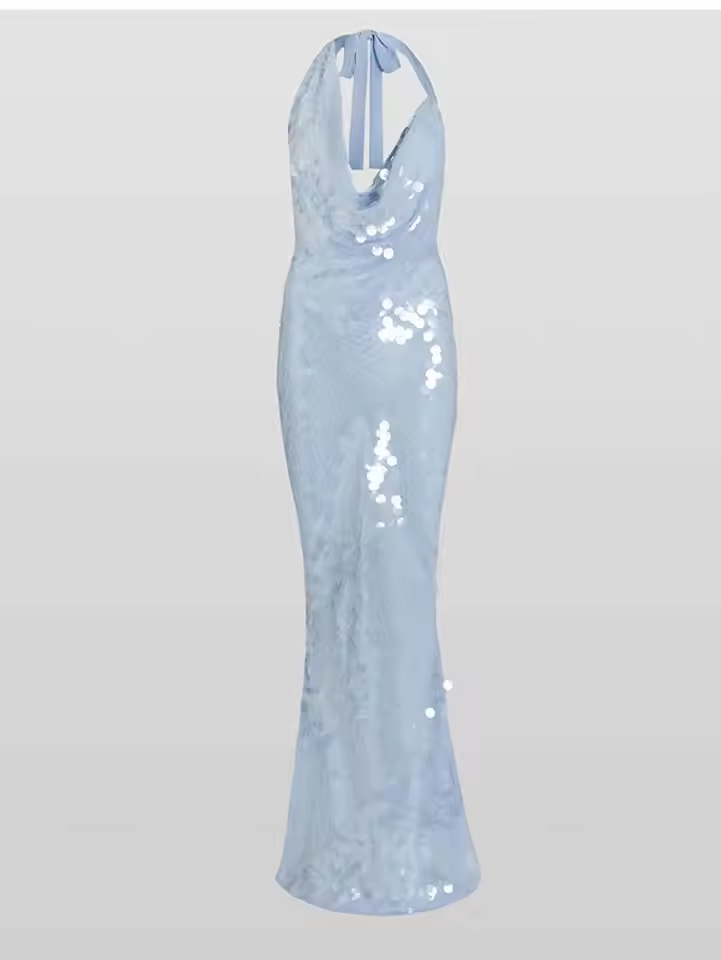 Big Sequin Fish Tail Dress Halter Sexy Glitter Backless Hanging Neck Beach Long Dresses Lace Up Slim Fit Women Robes Summer New