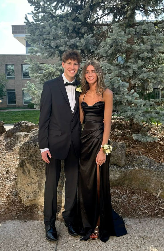 Black Fashion Elegant Spaghetti Straps Long Satin Sexy Slit Prom Dress Evening Dress Party Dress