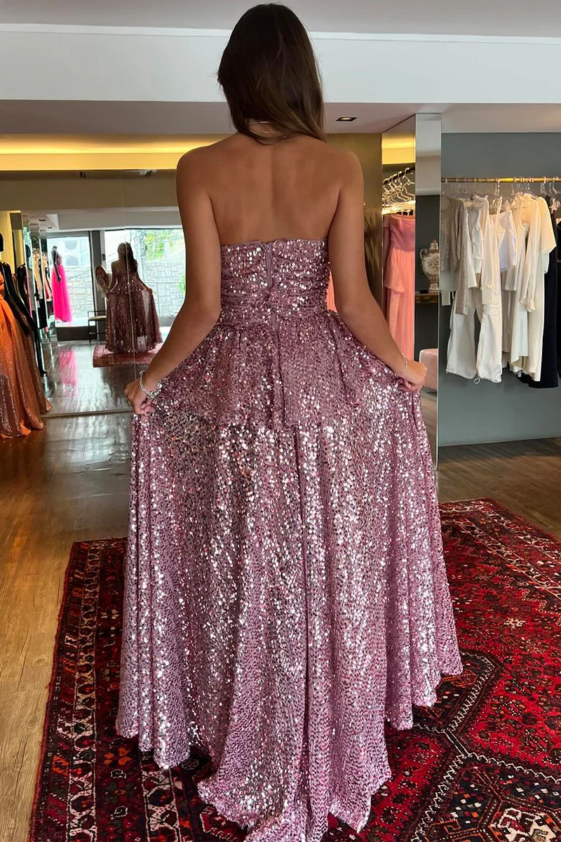 Blush Pink Strapless Sequins Long Prom Dresses