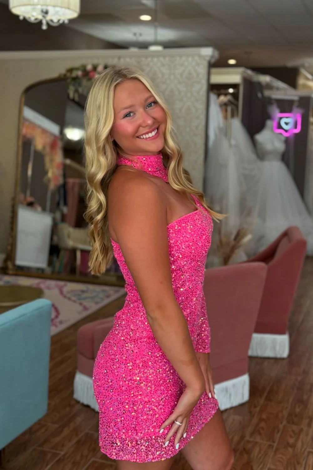 Bodycon One Sholder Long Sleeve Pink Sequins Short Tight Homecoming Dress