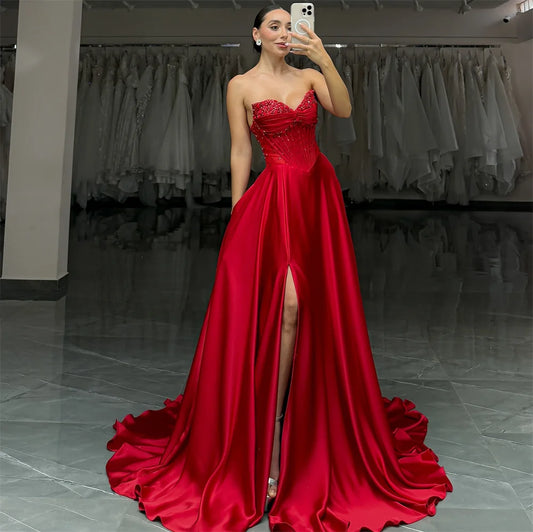 Cathy Customized Red Strapless Side High Split Prom Dresses Sequins Sleeveless vestidos de noiva A-Line Appliques Evening Dress