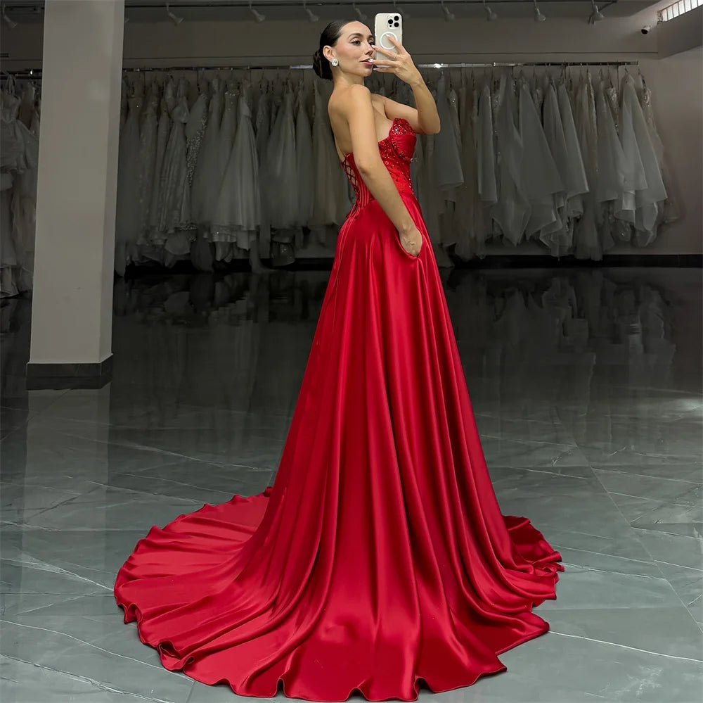 Cathy Customized Red Strapless Side High Split Prom Dresses Sequins Sleeveless vestidos de noiva A-Line Appliques Evening Dress