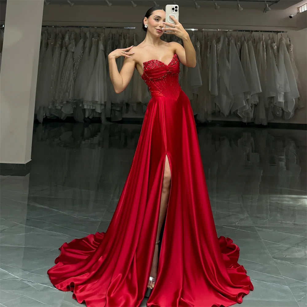 Cathy Customized Red Strapless Side High Split Prom Dresses Sequins Sleeveless vestidos de noiva A-Line Appliques Evening Dress