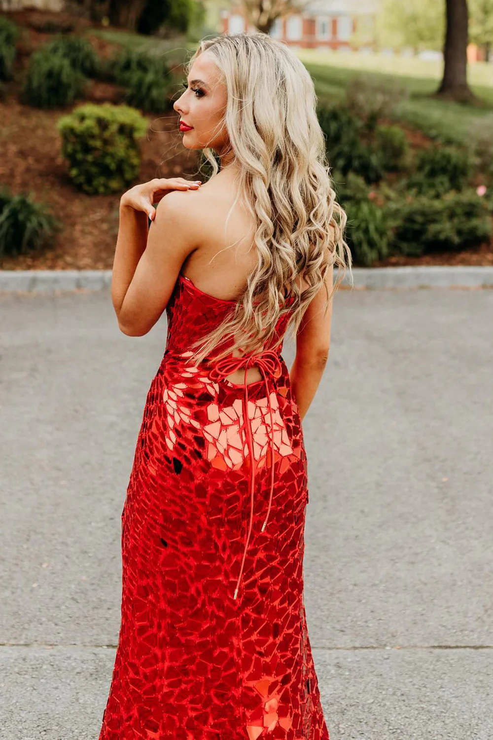 Charming Mermaid Strapless Red Beading Sequins Long Prom Dresses with Slit