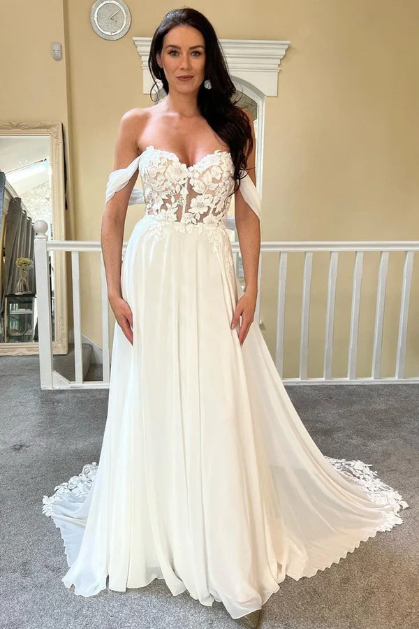 Chic Sweetheart Sleeveless Chiffon Wedding Dresses Off-The-Shoulder With Appliques Lace