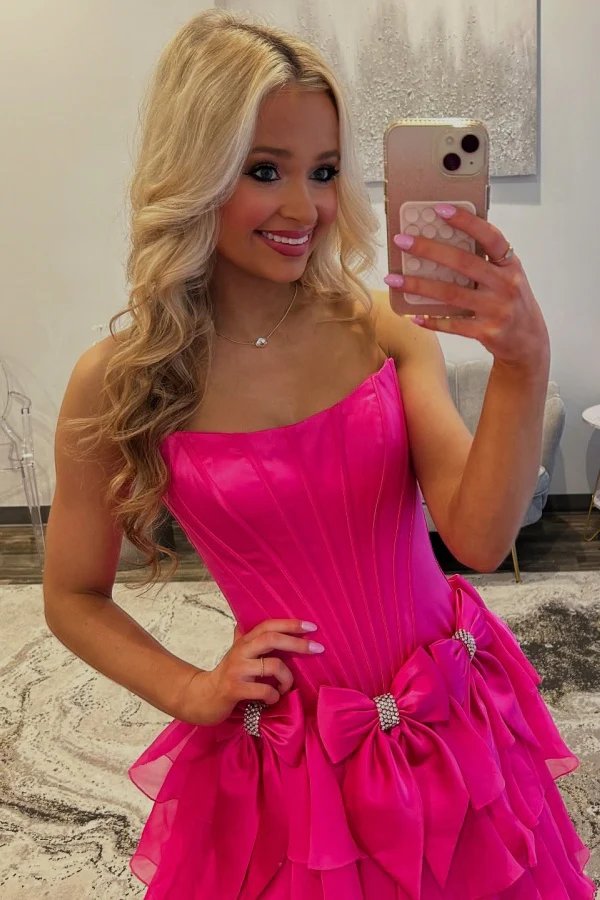Chic & Modern A-Line Boat Neck Sleeveless Pleated Beaded Bow Knot Tiered Prom Party Dress High Side Slit and Train Formal Evening Dress Cocktail Dress