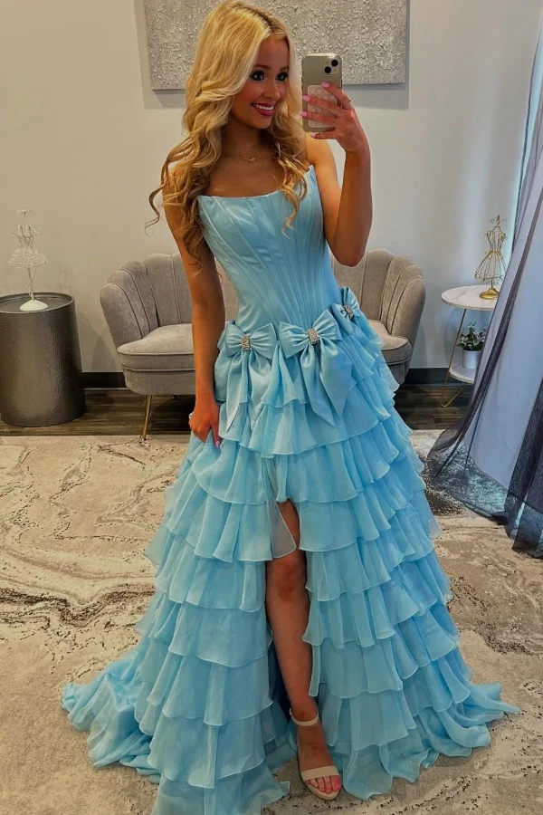 Chic & Modern A-Line Boat Neck Sleeveless Pleated Beaded Bow Knot Tiered Prom Party Dress High Side Slit and Train Formal Evening Dress Cocktail Dress