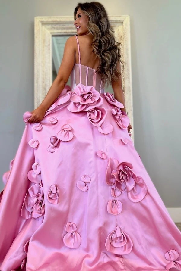 Chic & Modern A-Line Sweetheart Neck Spaghetti Straps Sleeveless 3D Flowers Prom Party Dress Formal Party Gown