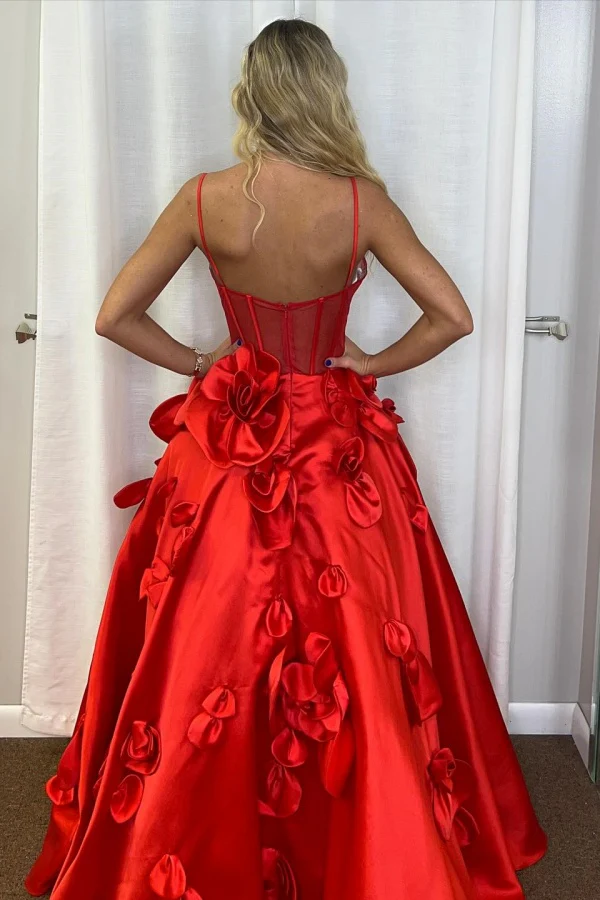 Chic & Modern A-Line Sweetheart Neck Spaghetti Straps Sleeveless 3D Flowers Prom Party Dress Formal Party Gown