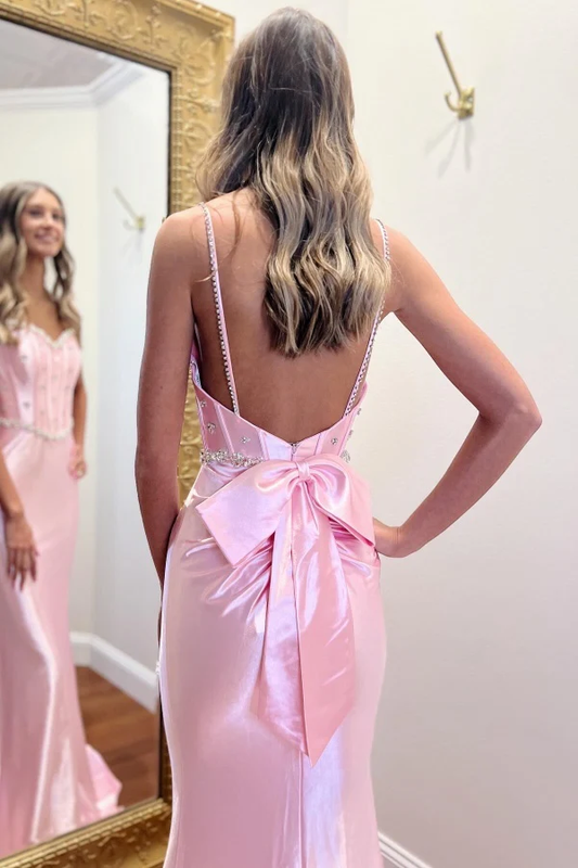 Chic & Modern Strapless Spaghetti Straps Sleeveless Pleated Crystal Beaded Prom Party Dress Open Back Bow Knot Evening Dress