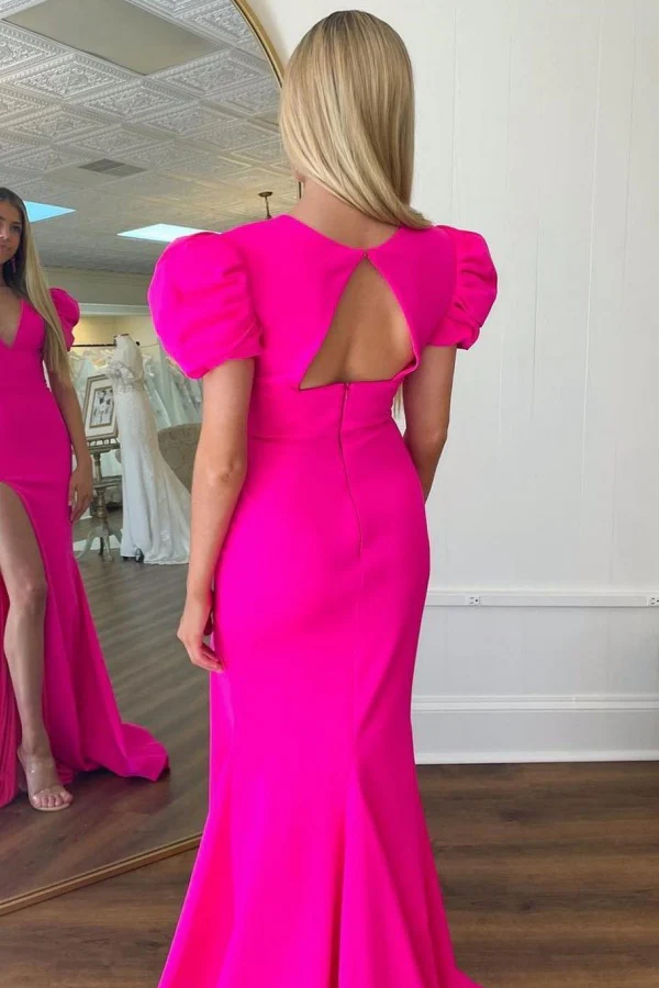 Classic & Modern Sheath V Neck Short Sleeves Open Back Black Prom Dress with High Side Slit and Train
