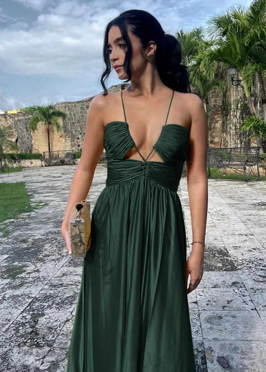 Criss-cross Chartreuse Ruched A-line Halter Sleeveless Long Prom Dress
