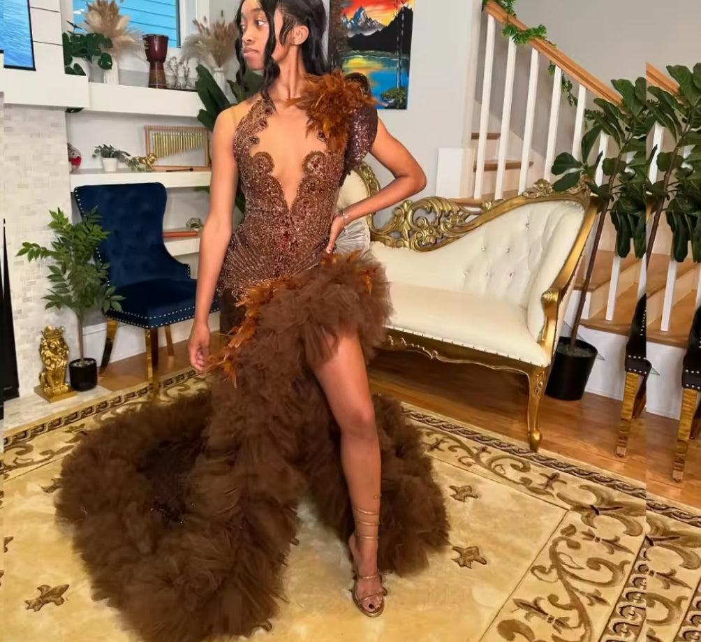 Customized Luxury Brown Sequins Mermaid Prom Dress Black Girls High Slit Crystal Beaded Evening Party Gown Vestido