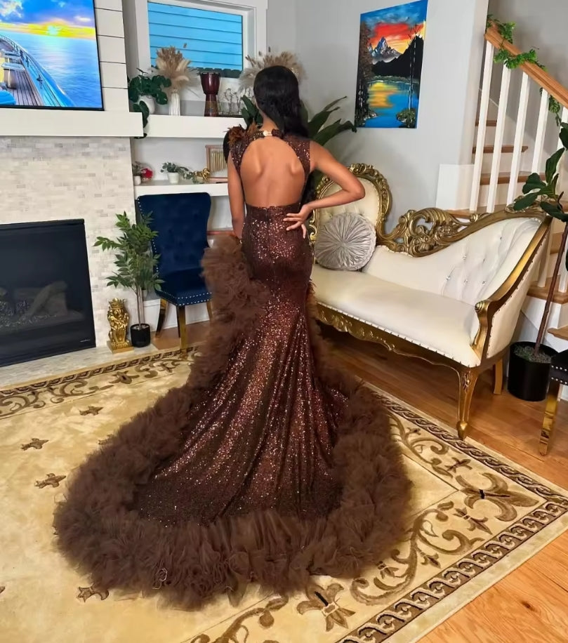 Customized Luxury Brown Sequins Mermaid Prom Dress Black Girls High Slit Crystal Beaded Evening Party Gown Vestido