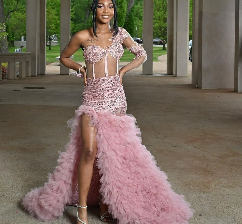 Customized Pink Mermaid Prom Dress Black Girls Ruffles Crystal Beaded High Slit Evening Party Gown Robe De Soirée