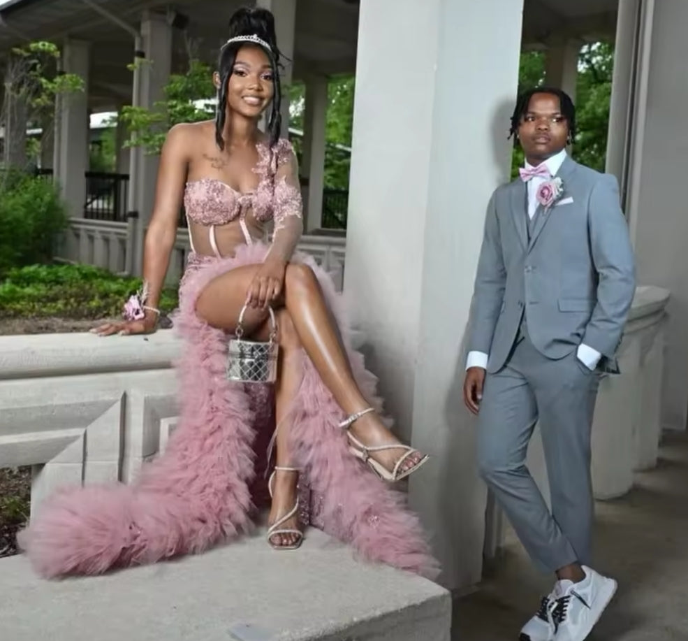 Customized Pink Mermaid Prom Dress Black Girls Ruffles Crystal Beaded High Slit Evening Party Gown Robe De Soirée