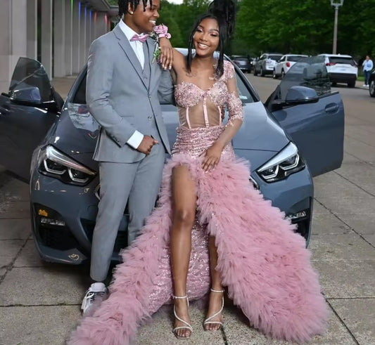 Customized Pink Mermaid Prom Dress Black Girls Ruffles Crystal Beaded High Slit Evening Party Gown Robe De Soirée