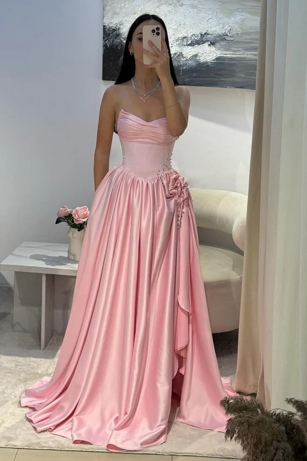 Cute A-Line Boat Neck Sleeveless Pleated Beaded High Side Slit and Train Floor Length Prom Party Dress Evening Formal Gown Birthday Party Dress
