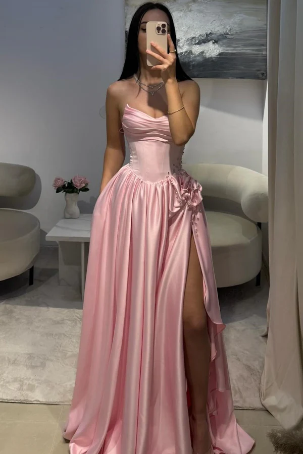 Cute A-Line Boat Neck Sleeveless Pleated Beaded High Side Slit and Train Floor Length Prom Party Dress Evening Formal Gown Birthday Party Dress