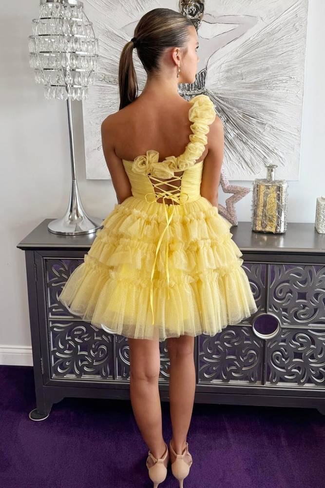 Cute A Line One Shoulder Yellow Short Homecoming Dresses with Flowers